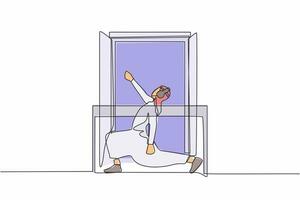 continu un ligne dessin en bonne santé arabe homme avec casque de musique les pratiques yoga près fenêtre ou balcon. des sports activité, entraînement, exercer, aptitude, à l'intérieur. Célibataire ligne dessiner conception vecteur illustration