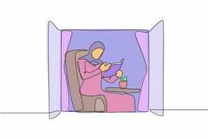 Célibataire continu ligne dessin Jeune arabe femme en train de lire livre. femme d'affaires lecteur. la personne mise à jour connaissance, séance dans fauteuil par fenêtre dans vivant chambre. un ligne graphique conception vecteur illustration