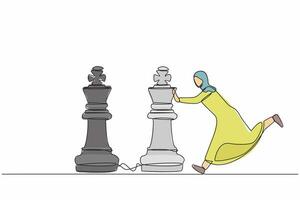 continu un ligne dessin actif arabe femme d'affaires pousser énorme Roi échecs pièce à battre un autre roi. affaires stratégie, commercialisation plan, gagnant Jeu jouer. Célibataire ligne dessiner conception vecteur illustration