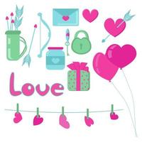 attributs de la saint-valentin, clipart d'amour doodle pour la décoration dans un style plat vecteur