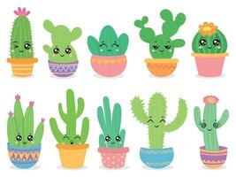 dessin animé cactus. mignonne succulent ou cactus plante avec content marrant affronter, tropical souriant fleur autocollant, mexicain les plantes Couleur vecteur personnages