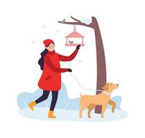 hiver activités. fille en marchant avec chien et alimentation des oiseaux. femme personnage dans hiver Vêtements avec animal de compagnie vecteur