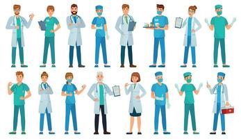 hôpital personnel. clinique ouvriers, pharmacien, infirmière dans uniforme et ambulance médecins personnages dessin animé vecteur illustration ensemble