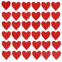 un ensemble de coeurs rouges vifs avec des motifs rouges doux sous forme de cercles, carrés, triangles, étoiles, coeurs et rayures. cartes de saint valentin de toutes sortes vecteur