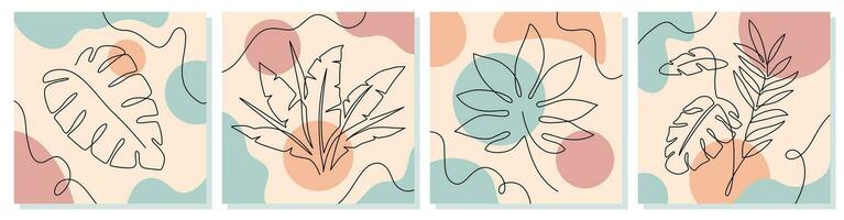 un ligne feuilles. tropical exotique les plantes avec continu ligne feuille et branché biologique formes de pastel couleurs vecteur abstrait griffonnage affiches