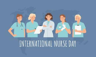 international infirmière journée. clinique professionnel infirmières, femmes médecins dans médical robes et stéthoscope. soins de santé 12 mai vecteur affiche
