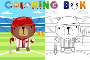 vecteur dessin animé illustration, mignonne ours dans base-ball uniforme dans base-ball stade, coloration livre ou page
