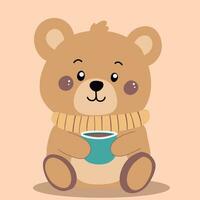 vecteur plat mignonne ours illustration en portant tasse de café avec pastel Contexte