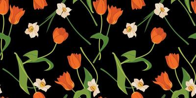 sans couture modèle avec tulipes et jonquilles. vecteur printemps fleurs sur une noir Contexte. illustration pour impression sur tissu, fond d'écran, emballage papier. plat style.