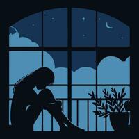 triste femme séance sur le balcon près le fenêtre à nuit, vecteur illustration
