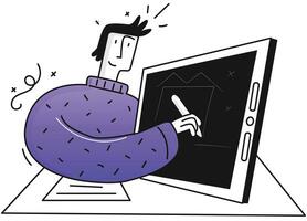 illustration de une homme travail sur le sien tablette ordinateur tandis que en portant une stylo, graphique conception concept. vecteur