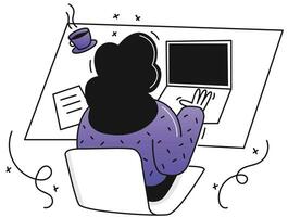 illustration de une Jeune femme travail sur une ordinateur à maison. vecteur