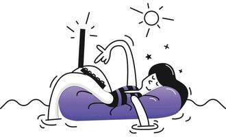 illustration de une fille en train de dormir sur une matelas dans le bassin. vecteur