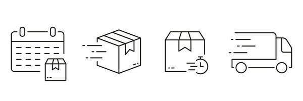 livraison un service ligne icône ensemble. paquet boîte symbole collection. vite livraison linéaire pictogramme. international distribution, exportation contour signe. modifiable accident vasculaire cérébral. isolé vecteur illustration.