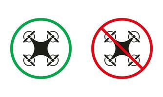 drone zone avertissement panneaux. éloigné contrôle quadcopter silhouette Icônes ensemble. sans équipage caméra autorisé, aérien caméra interdit symboles. isolé vecteur illustration.