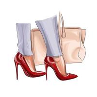 belles jambes féminines avec un sac. jambes de femme de mode en chaussures rouges. parties du corps féminin. talons hauts rouges de peintures multicolores. éclaboussure d'aquarelle. illustration vectorielle de peintures vecteur
