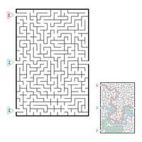 grand labyrinthe rectangulaire abstrait. jeu pour les enfants. casse-tête pour les enfants. trois entrées, une sortie. énigme du labyrinthe. illustration vectorielle plane isolée sur fond blanc. avec réponse. vecteur