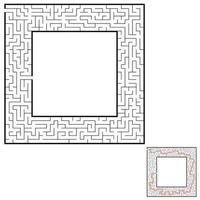 labyrinthe carré abstrait. jeu pour les enfants. casse-tête pour les enfants. énigme du labyrinthe. illustration vectorielle plane isolée sur fond blanc. avec réponse. avec place pour votre image. vecteur