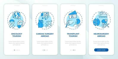 2d bleu Icônes représentant médical tourisme mobile app écran ensemble. procédure pas à pas 4 pas monochromatique graphique instructions avec mince ligne Icônes concept, interface utilisateur, ux, gui modèle. vecteur