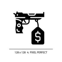 2d pixel parfait glyphe style acheter pistolet icône, isolé vecteur, plat silhouette illustration représentant armes. vecteur