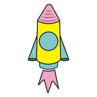 une style bande dessinée vaisseau spatial fusée icône. une jouet fusée prend désactivé, crachant fumée. vecteur