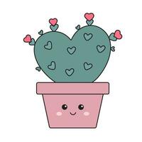 mignonne marrant fleur pot avec vert cœur en forme de cactus. épanouissement cactus avec cœurs. Valentin l'amour concept dans kawaii style. vecteur