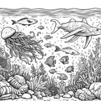 sous-marin monde coloration livre main dessiné. océan la vie coloration page noir et blanc vecteur illustration