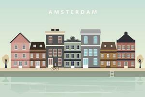 Amsterdam paysage urbain avec ancien Maisons, l'eau canaux, et Vélos. vecteur illustration.