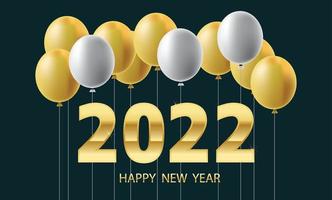 bonne année 2022, ballons et nombres en métal doré sur fond noir, dessin vectoriel