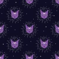 Visage de chat violet avec la lune sur fond nuit ciel sans soudure. Magie mignonne, design occulte. vecteur