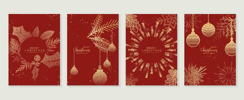 élégant Noël invitation carte art déco conception vecteur. luxe Noël babiole balle, flocon de neige, feu d'artifice, feuillage place texture sur rouge Contexte. conception illustration pour couverture, affiche, fond d'écran. vecteur