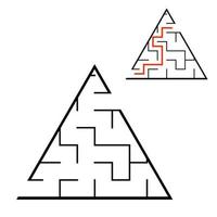 labyrinthe triangulaire noir. jeu pour les enfants. casse-tête pour les enfants. énigme du labyrinthe. illustration vectorielle plane isolée sur fond blanc. avec réponse. avec place pour votre image. vecteur