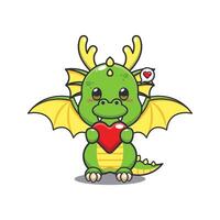 mignonne dragon dessin animé personnage en portant l'amour cœur. vecteur