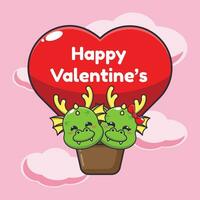 mignonne dragon dessin animé personnage mouche avec air ballon dans la Saint-Valentin journée. vecteur