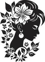 élégant floral contours vecteur noir visage gracieux pétale portrait artistique femme icône