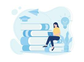 femme dans de face de une portable séance avec livres sur en ligne apprentissage concept plat illustration vecteur