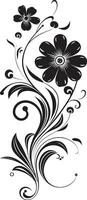 délicat fabriqués à la main pétales noir vecteur icône conception rétro noir floral volutes main rendu icône