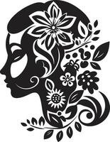 minimaliste floral profil vecteur femme emblème sophistiqué flore charme noir vecteur icône