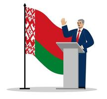 le Président de biélorussie est diffusion de le podium. une homme dans une costume des stands avec le drapeau de biélorussie. vecteur illustration