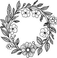 minimaliste mariage fleurs noir iconique emblème sophistiqué floral couronne fabriqués à la main vecteur icône