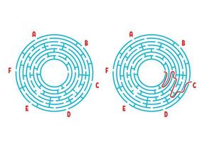 labyrinthe rond de couleur. jeu pour les enfants. casse-tête pour les enfants. énigme du labyrinthe. illustration vectorielle plane isolée sur fond blanc. avec la réponse. avec place pour votre image. vecteur