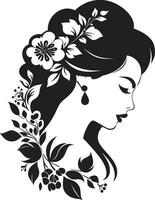 gracieux floral silhouette noir visage emblème élégant fleurit personnage femme vecteur conception