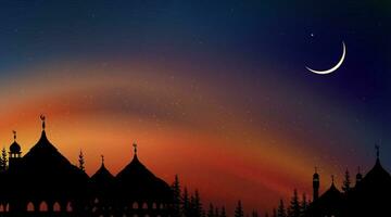 islamique fond, dôme mosquées, croissant lune, étoilée sur foncé bleu ciel arrière-plan, vecteur symbole islamique religion avec crépuscule ciel, bannière eid al-adha, aïd al-fitr, Moubarak, nouveau année Muharram, Ramadan kareem