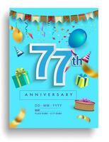 77ème ans anniversaire invitation conception, avec cadeau boîte et des ballons, ruban, coloré vecteur modèle éléments pour anniversaire fête faire la fête.
