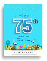 75e ans anniversaire invitation conception, avec cadeau boîte et des ballons, ruban, coloré vecteur modèle éléments pour anniversaire fête faire la fête.