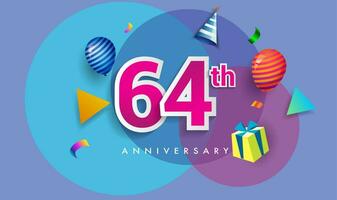 64ème ans anniversaire fête conception, avec cadeau boîte et des ballons, ruban, coloré vecteur modèle éléments pour votre anniversaire célébrer faire la fête.