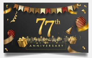 70e ans anniversaire conception pour salutation cartes et invitation, avec ballon, confettis et cadeau boîte, élégant conception avec or et foncé couleur, conception modèle pour anniversaire fête. vecteur