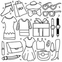 ensemble de femme mode accessoires dans griffonnage style isolé sur blanc arrière-plan, vecteur main tiré ensemble Vêtements thème. vecteur illustration