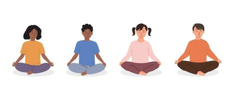 diverse des gamins méditer. les enfants Faire yoga exercer. méditation leçon dans Jardin d'enfants concept. ensemble de différent course Jeune femelle et Masculin personnages séance sur sol calmement. vecteur illustration.