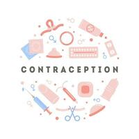 naissance contrôle méthodes bannière ou carte. la contraception coloré plat Icônes dans cercle avec légende. ensemble de vecteur éléments pour sûr sexe. femelle et Masculin contraceptif articles. vecteur plat style illustration.